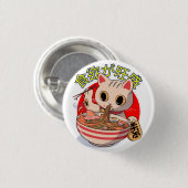 Cute Japanese Cat Eating Noodles with Chopsticks Button (Vorne & Hinten)