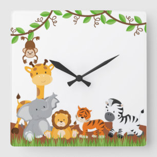 Cute Jungle Baby Animals Wall Clocks Quadratische Wanduhr