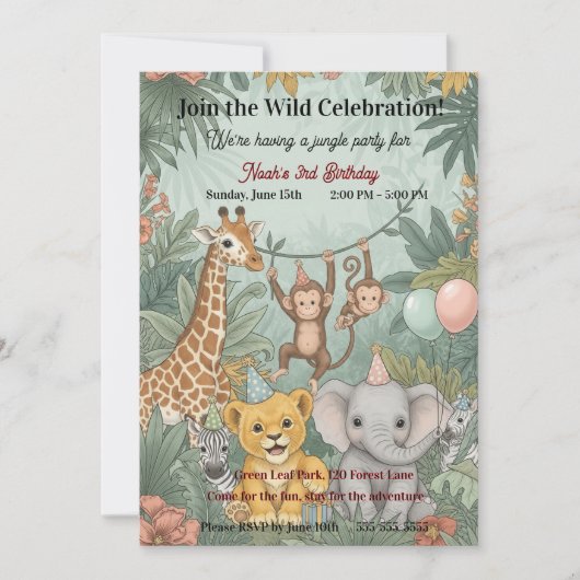 Cute Jungle Safari Animals Wild One 3rd Birthday Einladung (Vorderseite)
