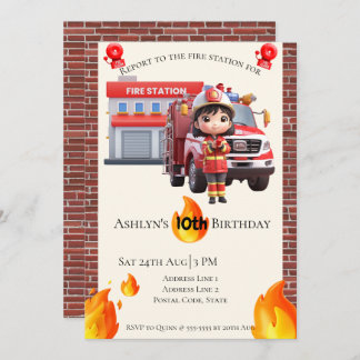 Cute Kawai Fire fighter Girl Theme Birthday Einladung