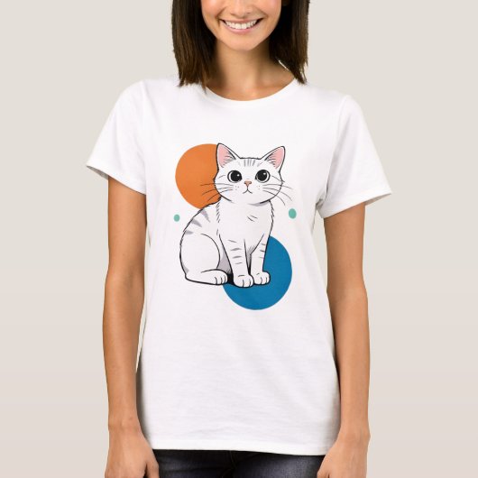 Cute Kawai White Grey Tabby Cat Illustration T-Shirt (Vorderseite)
