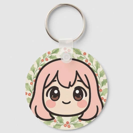 Cute Kawaii Anime Girl Face Keychain – Pastel Chib Schlüsselanhänger (Vorderseite)