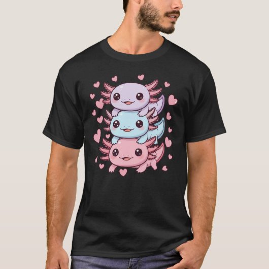 Cute Kawaii Axolotl Stack with Hearts T-Shirt (Vorderseite)