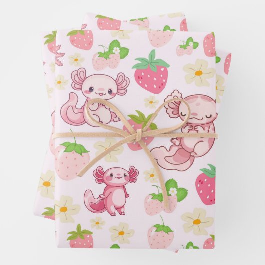 Cute Kawaii Axolotl & Strawberry Seamless Pattern Geschenkpapier Set (Beispiel)