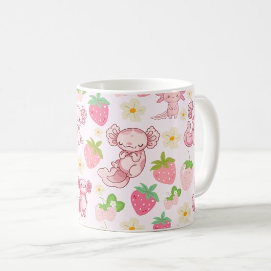 Cute Kawaii Axolotl & Strawberry Seamless Pattern Kaffeetasse (VorderseiteRechts)