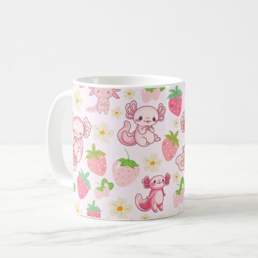 Cute Kawaii Axolotl & Strawberry Seamless Pattern Kaffeetasse (Vorderseite Links)