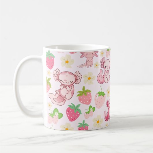 Cute Kawaii Axolotl & Strawberry Seamless Pattern Kaffeetasse (Links)