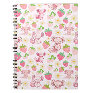 Cute Kawaii Axolotl & Strawberry Seamless Pattern Notizblock