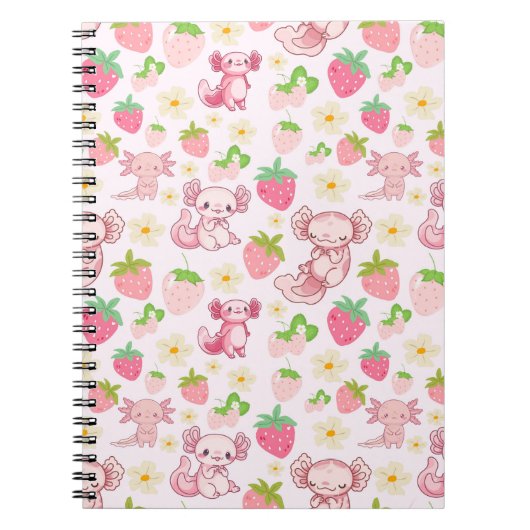 Cute Kawaii Axolotl & Strawberry Seamless Pattern Notizblock (Vorderseite)