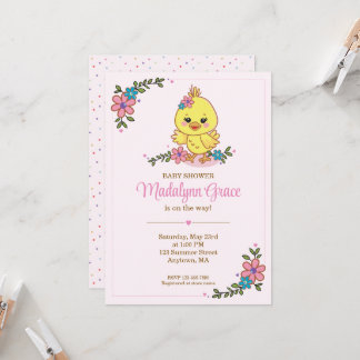 Cute Kawaii Baby Chick Baby Shower Invitation Pink Einladung