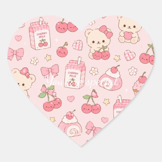 Cute Kawaii Bear Cherry Pattern | Pink Pastel Herz-Aufkleber (Vorderseite)