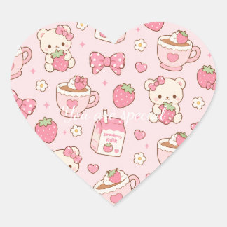 Cute Kawaii Bear Strawberry Tea Pattern | Pink Herz-Aufkleber