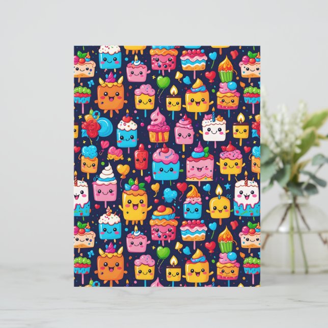 Cute Kawaii Birthday Cake & Dessert Paper (Stehend Vorderseite)