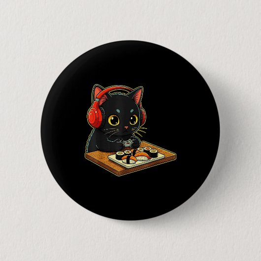 Cute Kawaii Black Cat Funny Sushi Retro Japanese C Button (Vorderseite)