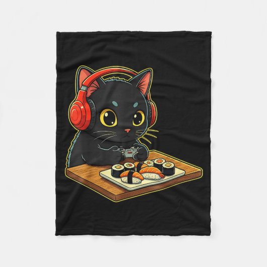 Cute Kawaii Black Cat Funny Sushi Retro Japanese C Fleecedecke (Vorderseite)
