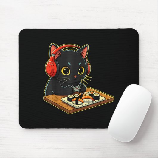 Cute Kawaii Black Cat Funny Sushi Retro Japanese C Mousepad (Mit Mouse)
