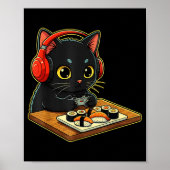 Cute Kawaii Black Cat Funny Sushi Retro Japanese C Poster (Vorne)