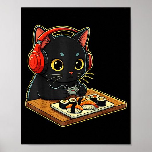 Cute Kawaii Black Cat Funny Sushi Retro Japanese C Poster (Vorne)