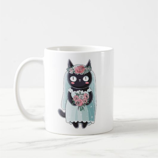 Cute Kawaii Black Cat Wearing a Veil Kaffeetasse (Links)