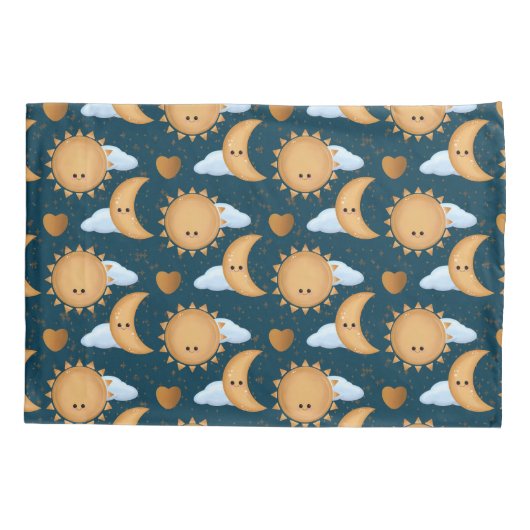 Cute Kawaii Blue Gold Sun Moon Hearts Kissenbezug (Rückseite)
