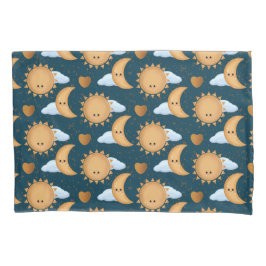 Cute Kawaii Blue Gold Sun Moon Hearts Kissenbezug