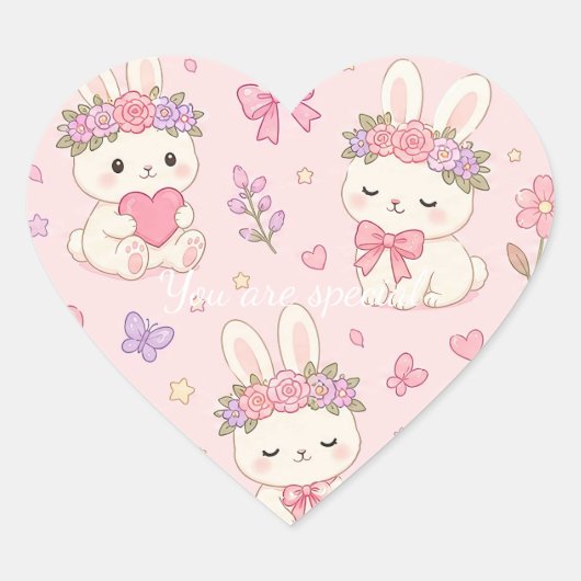 Cute Kawaii Bunny Flower Crown Pattern Herz-Aufkleber (Vorderseite)