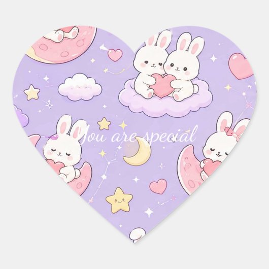 Cute Kawaii Bunny Heart Moon Pattern Herz-Aufkleber (Vorderseite)