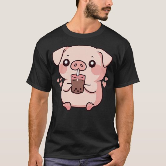 Cute kawaii cartoon pig drinking bubble tea (2) T-Shirt (Vorderseite)
