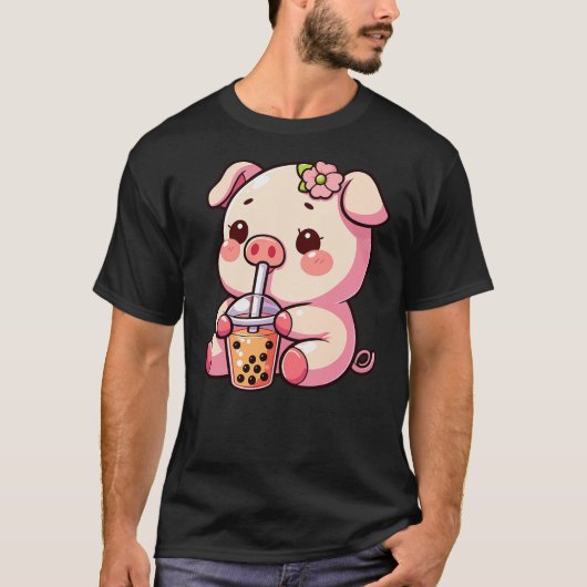 Cute Kawaii Cartoon Pig Drinking Bubble Tea Kids, T-Shirt (Vorderseite)
