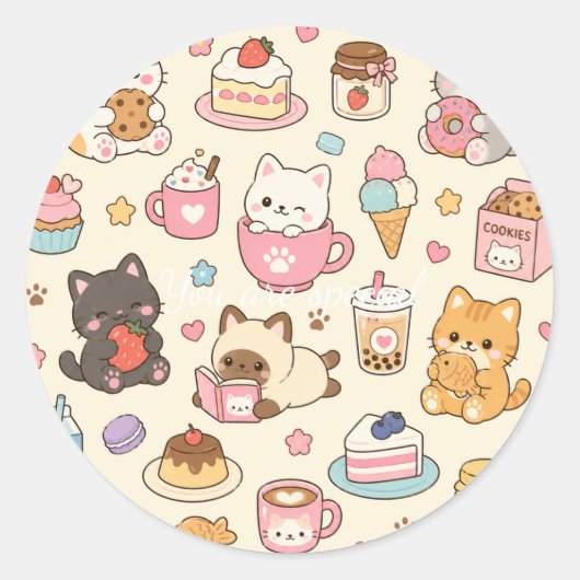 Cute Kawaii Cat Café Pattern | Coffee and Dessert Runder Aufkleber (Vorderseite)