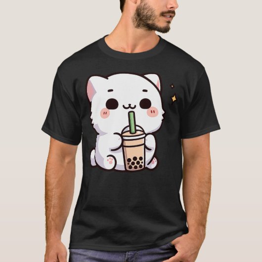 Cute Kawaii Cat Drinking Boba Tea T-Shirt (Vorderseite)
