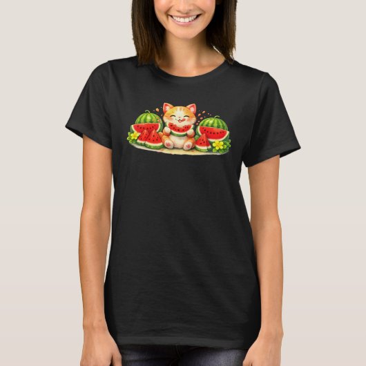 Cute Kawaii Cat Eating Watermelon Illustration T-Shirt (Vorderseite)