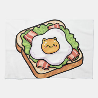 Cute Kawaii Cat Fried Egg on Toast Illustration Geschirrtuch