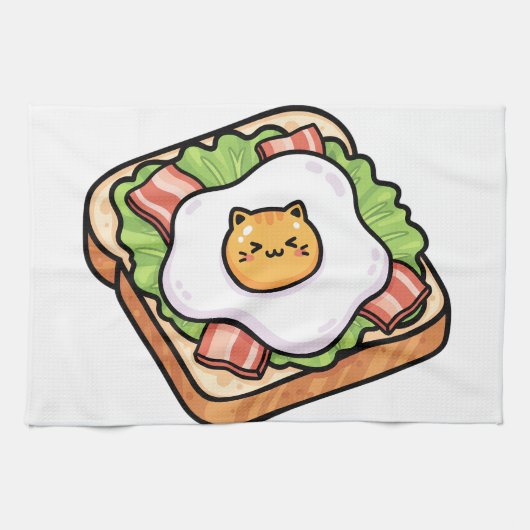 Cute Kawaii Cat Fried Egg on Toast Illustration Geschirrtuch (Horizontal)