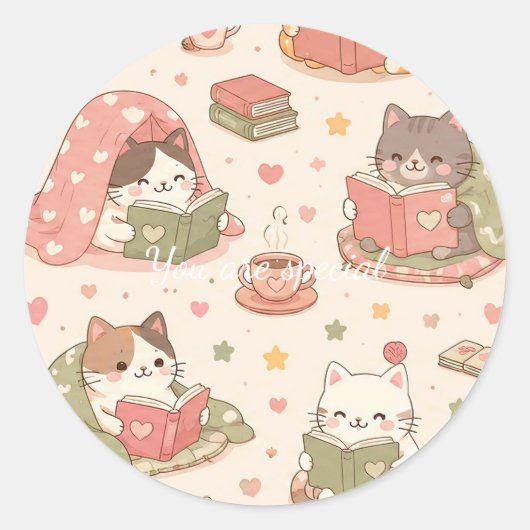 Cute Kawaii Cat Heart Book Pattern Runder Aufkleber (Vorderseite)