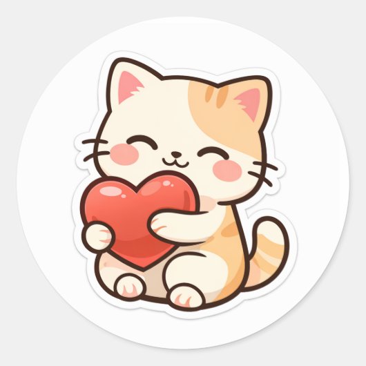 Cute Kawaii Cat Holding Heart – Adorable Love Runder Aufkleber (Vorderseite)