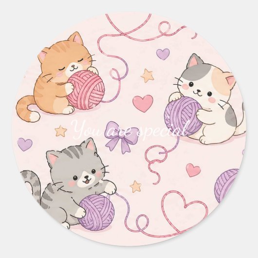 Cute Kawaii Cat Love Yarn Pattern Runder Aufkleber (Vorderseite)