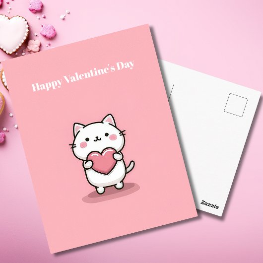Cute Kawaii Cat with Heart Valentine`s Day Card Postkarte
