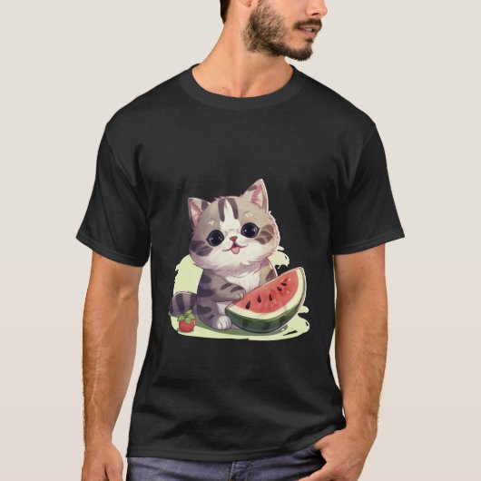 Cute Kawaii Cat with Watermelon Summer Art ✨🐾🍉 T-Shirt (Vorderseite)