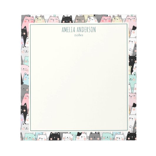 Cute Kawaii Cats Pattern Personalize Name Notizblock (Vorderseite)