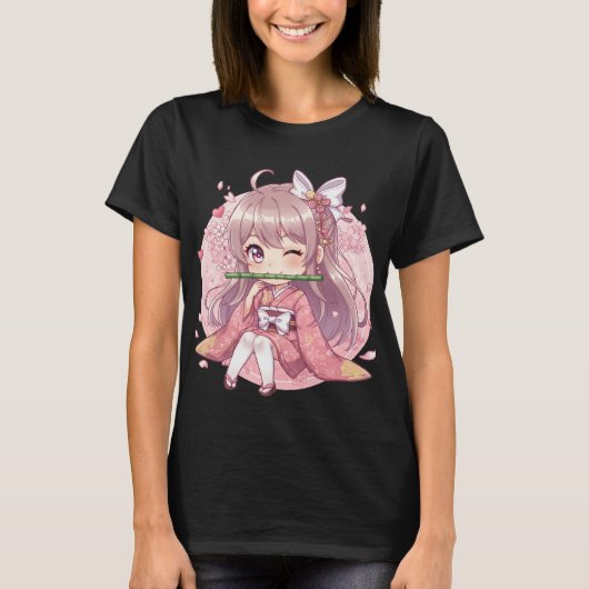 Cute Kawaii Chibi Girl in Pink Kimono with Cherry  T-Shirt (Vorderseite)