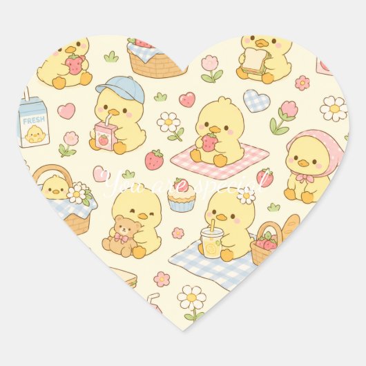 Cute Kawaii Chick Picnic Pattern | Pastel Spring  Herz-Aufkleber (Vorderseite)