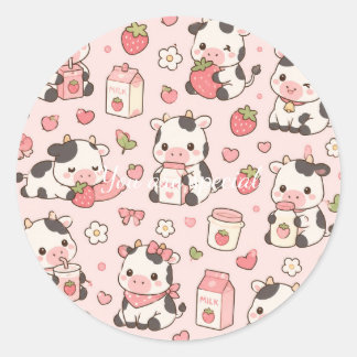 Cute Kawaii Cow Strawberry Pattern | Pink Pastel Runder Aufkleber