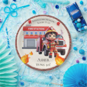 Cute Kawaii Firefighter Boy and Fire Truck Pappteller (Party)