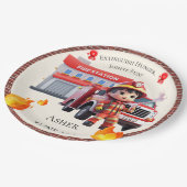 Cute Kawaii Firefighter Boy and Fire Truck Pappteller (Schrägansicht)