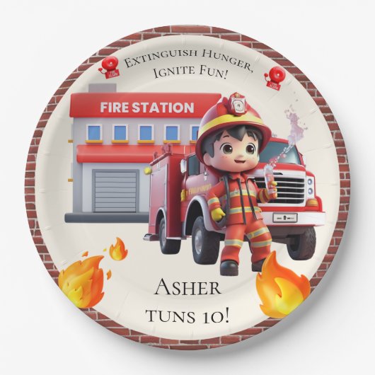 Cute Kawaii Firefighter Boy and Fire Truck Pappteller (Vorderseite)