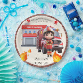 Cute Kawaii Firefighter Girl and Fire Truck Pappteller (Party)