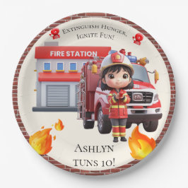 Cute Kawaii Firefighter Girl and Fire Truck Pappteller