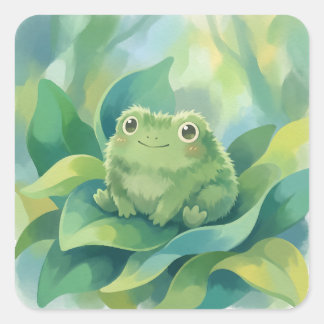 Cute Kawaii Fluffy Green Frog on Leaves Quadratischer Aufkleber