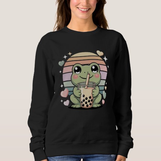 Cute Kawaii Frog Bubble Tea Lover Pastel Hearts Sweatshirt (Vorderseite)
